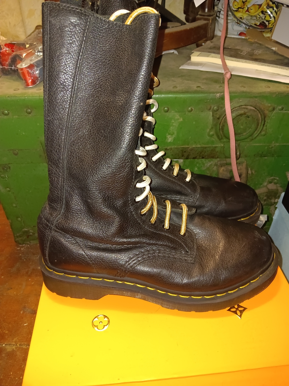 Dr. Martens Airwalk Black Leather Tall Lace-Up Boots with Side Zipper. 8